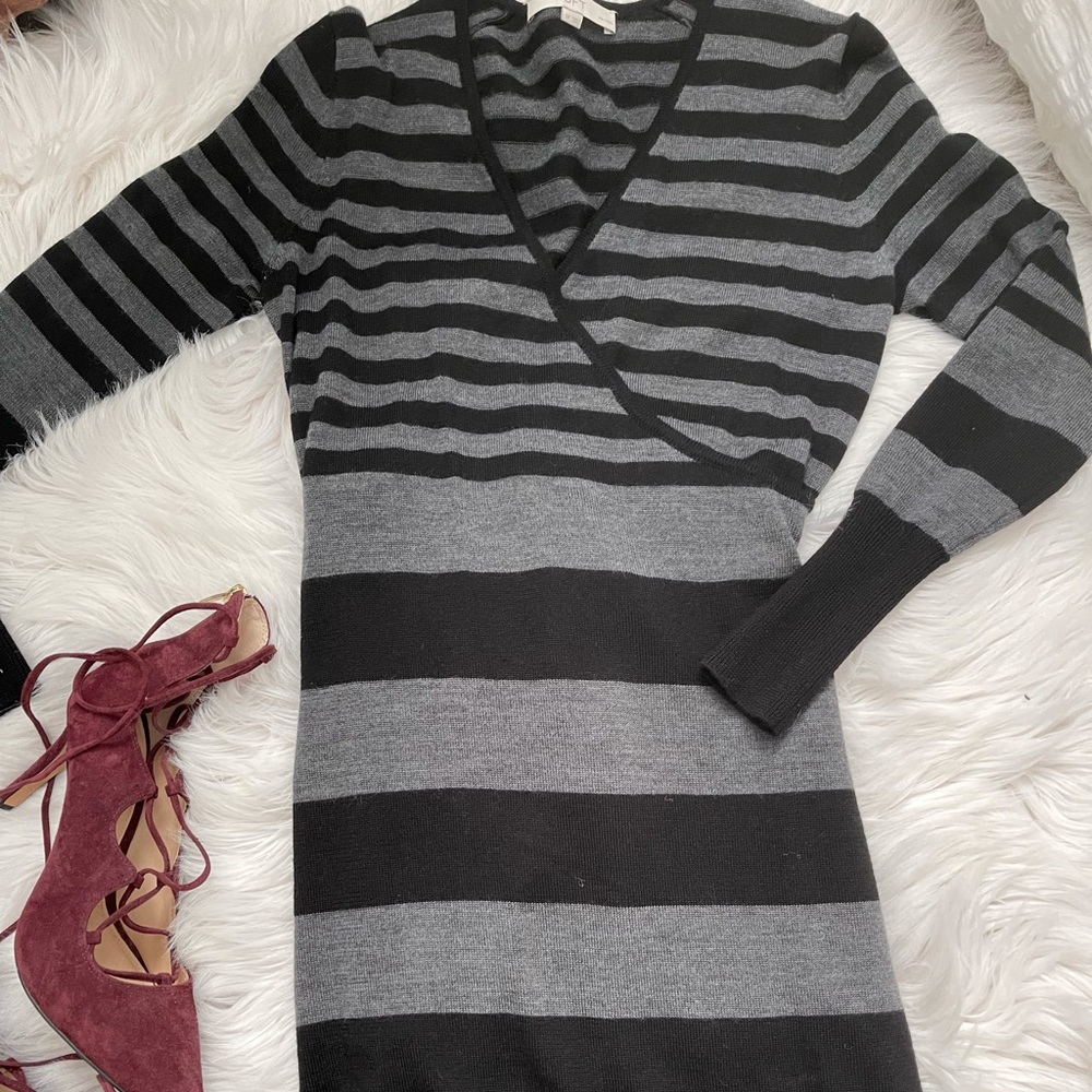 Ann Taylor LOFT Wrap Gray Black Striped Sweater